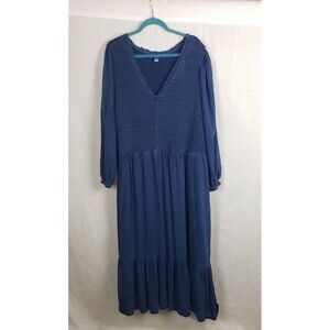 Old Navy Dress XL Womens Smocked Bodice Maxi Tiered Blue Prairie Cottagecore